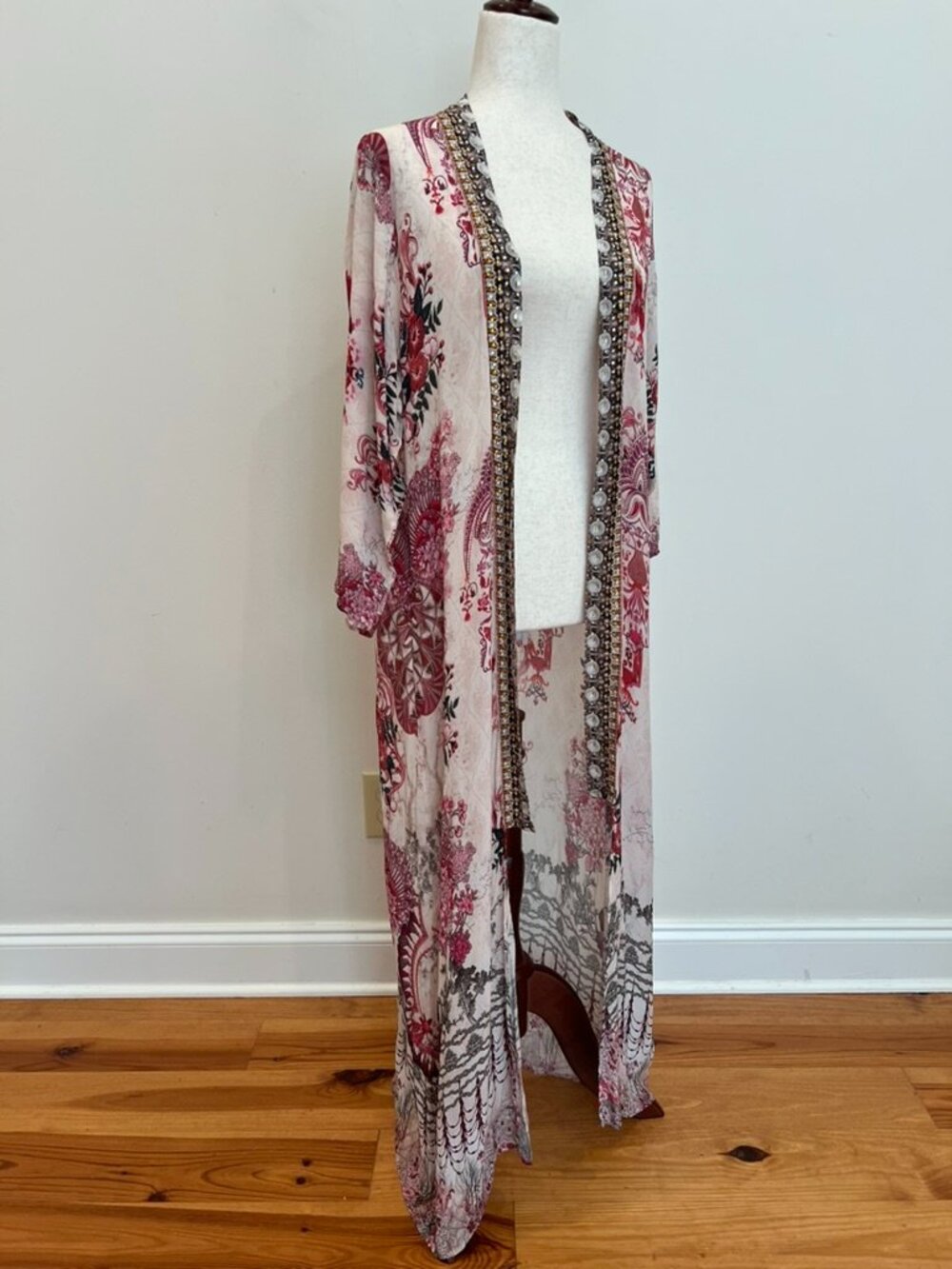 Sakkas Duster Coat Kimono Coverup Womens OS Viscose Silk Jewel Trim Floral Boho